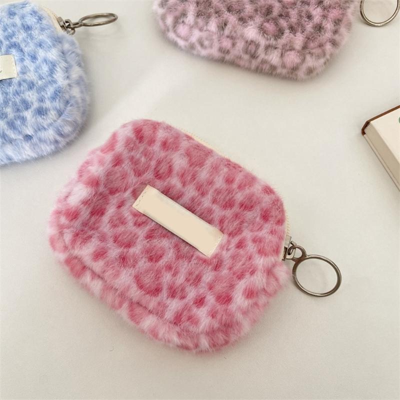 Plush Leopard Print Multifunctional Storage Pouch with Smooth Zippers for Organizing ID Cards Coin Keys and Small Items