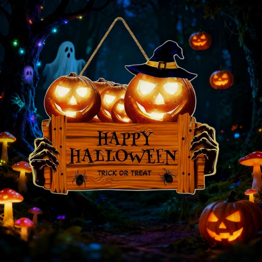 L-30x20cm 2D Halloween Süßes oder Saures Holz Monstergesicht Kürbis Design Seilaufhänger Veranda Wand oder Halloween Gartenparty Deko