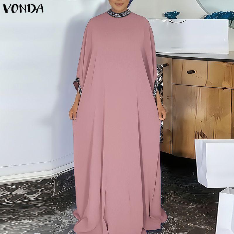VONDA Women Casual Round Neck 3/4 Sleeve Splicing Casual Baggy Long Maxi Swing Dress