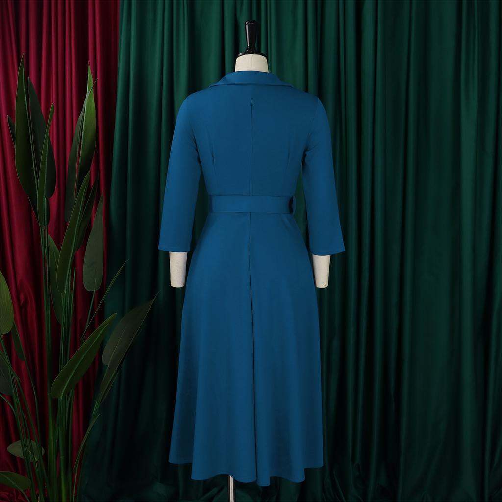 Large Size Women's Autumn New Lapel Fashion Temperament Solid Color Swing Skirt Dress
