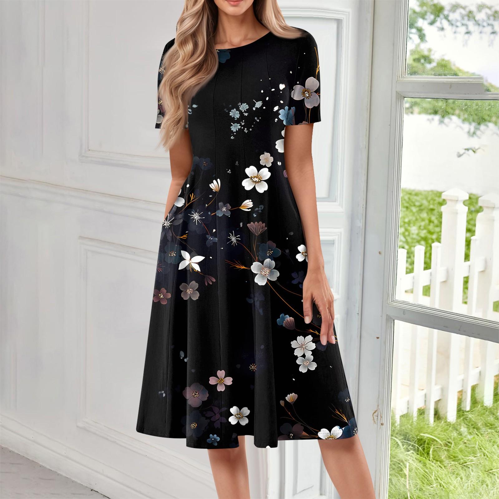 

Женское повседневное модное платье миди с круглым вырезом и коротким рукавом с принтом L чёрный