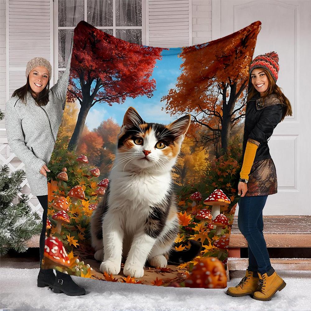 1pc Autumn Forest Cat Print Outdoor Soft Polyester Flannel Throw Blanket Versatile for All Seasons , Soft , Cozy , Warm All Season Quilted Throw ,