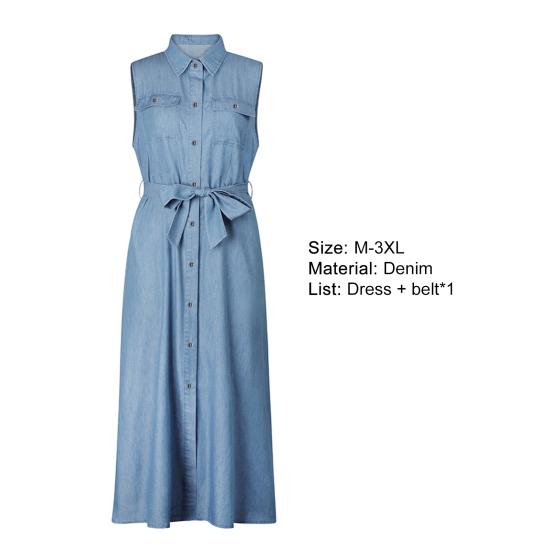 Turn-Down Collar Sleeveless Women Dress Belt Solid Color Single Breasted Denim Midi Dress Ladies Clothing