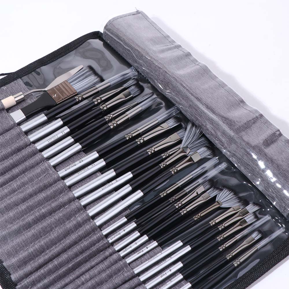 24pcs/set Wooden Handle Nylon Brush Set Nylon Hair Oil Painting Brushes  Canvas Painting