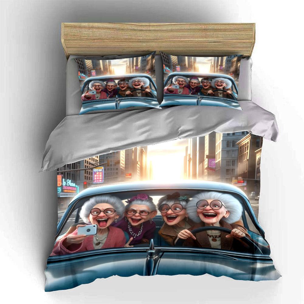 Elderly Women Driving Classic Car Selfie Bedding Set For Kids Luxury Gift 3Pcs Digital Print Comforter Set Soft Comfortable