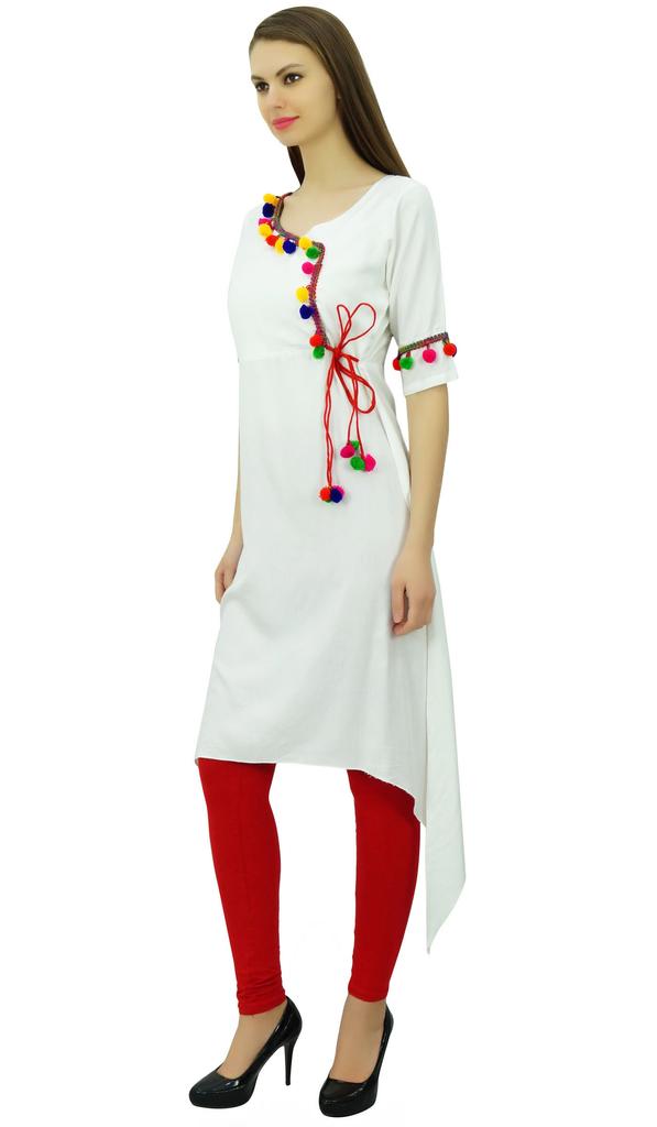 Phagun Angrakha Style Rayon Womens Tunic Kurta Pom-Pom Designer Kurti Top Indian