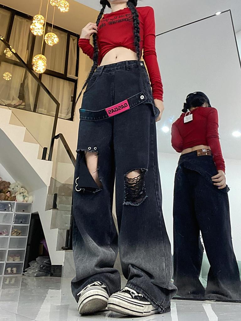 Bestmood Distressed Denimhosen mit lockerer Passform und geradem Bein, mit Gürtel und Design Damen Weitbeiniges Bein, Hip-Hop (Größe Klein, Schwarz)