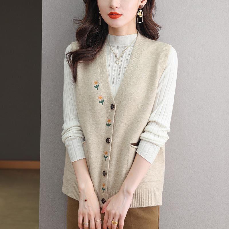 Embroidered V-neck Vest Cardigan Women's Spring and Autumn Vest Loose Knitted Cardigan Sweater Vest