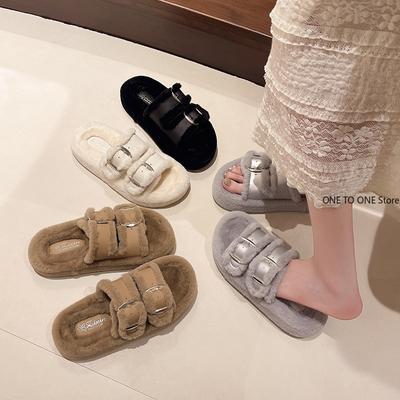 Zapatos Med Zapatillas de Mujer Chanclas de Exterior Plataformas Flock Piel Zapatillas de Felpa Planas Otoño Tela Zapatos Romanos Casa