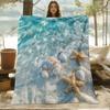 A Cozy Digital Print Blanket Featuring Beach Waves, Shells, And Starfish, Suitable for All Seasons. It'S a Soft And Comfortable Throw Made of 100% Pol