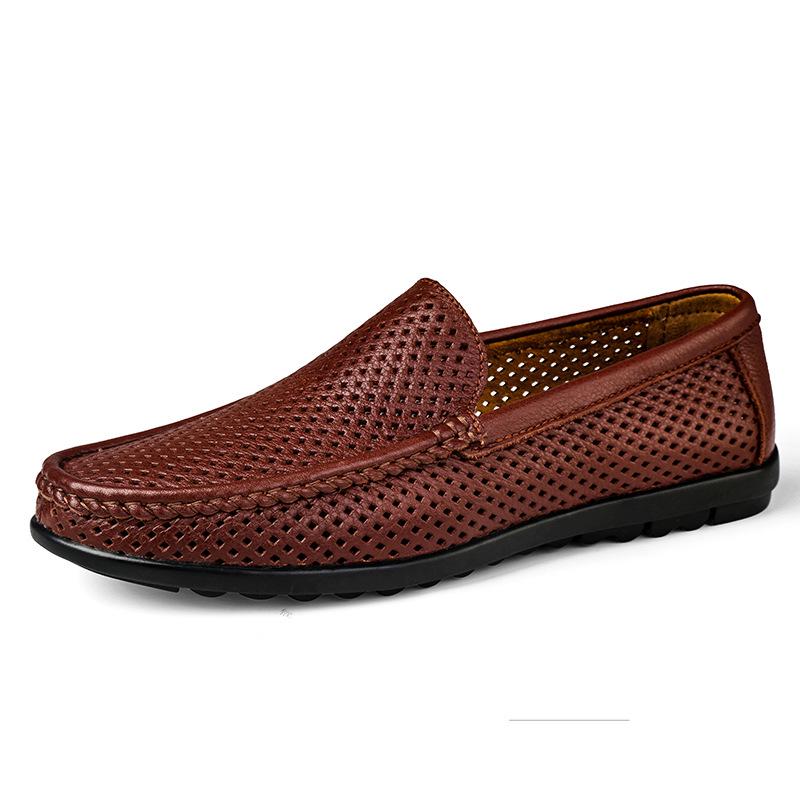 Men's Hollow Leather Slip-On Loafers - Breathable, Summer, Low-Top Flats, Large Size Cowhide Casual Shoes
