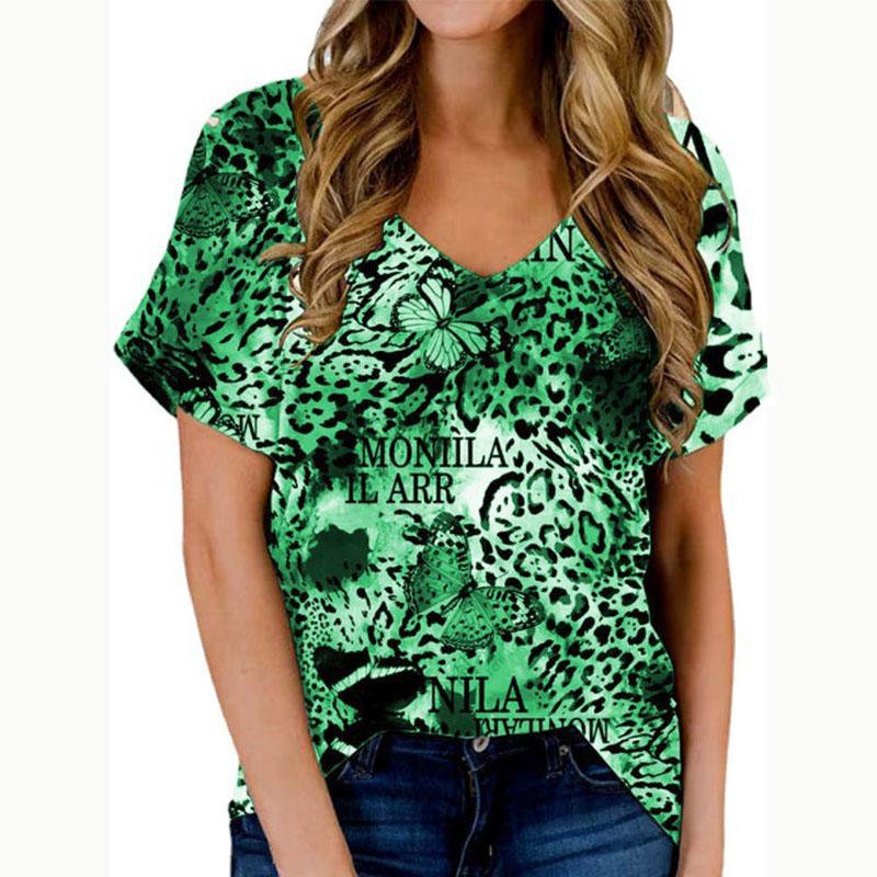 

Женский летний пуловер с коротким рукавом и V-образным вырезом, леопардовый пуловер с бабочкой, футболка, блузка, топ
