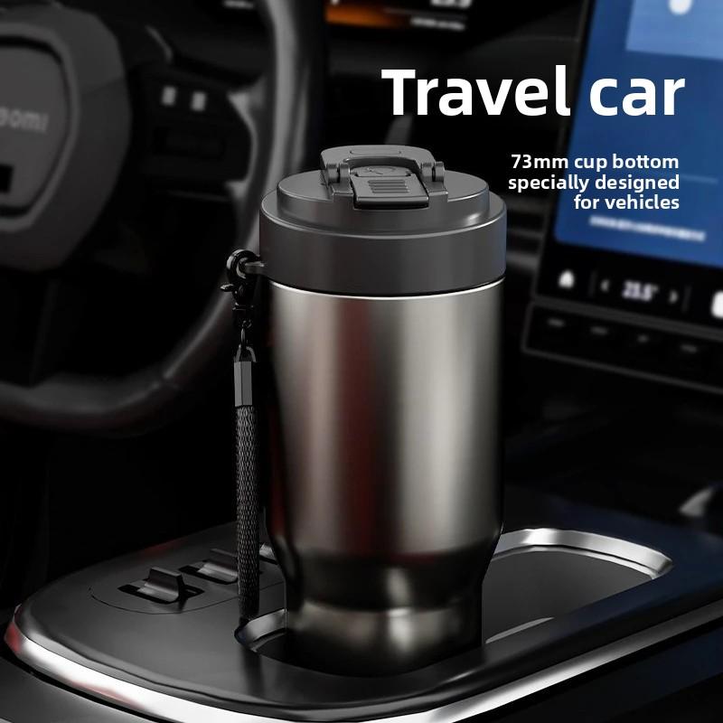 stainless steel vacuum insulated thickened coffee cup, car cup with lanyard, portable straw thermos, large capacity.