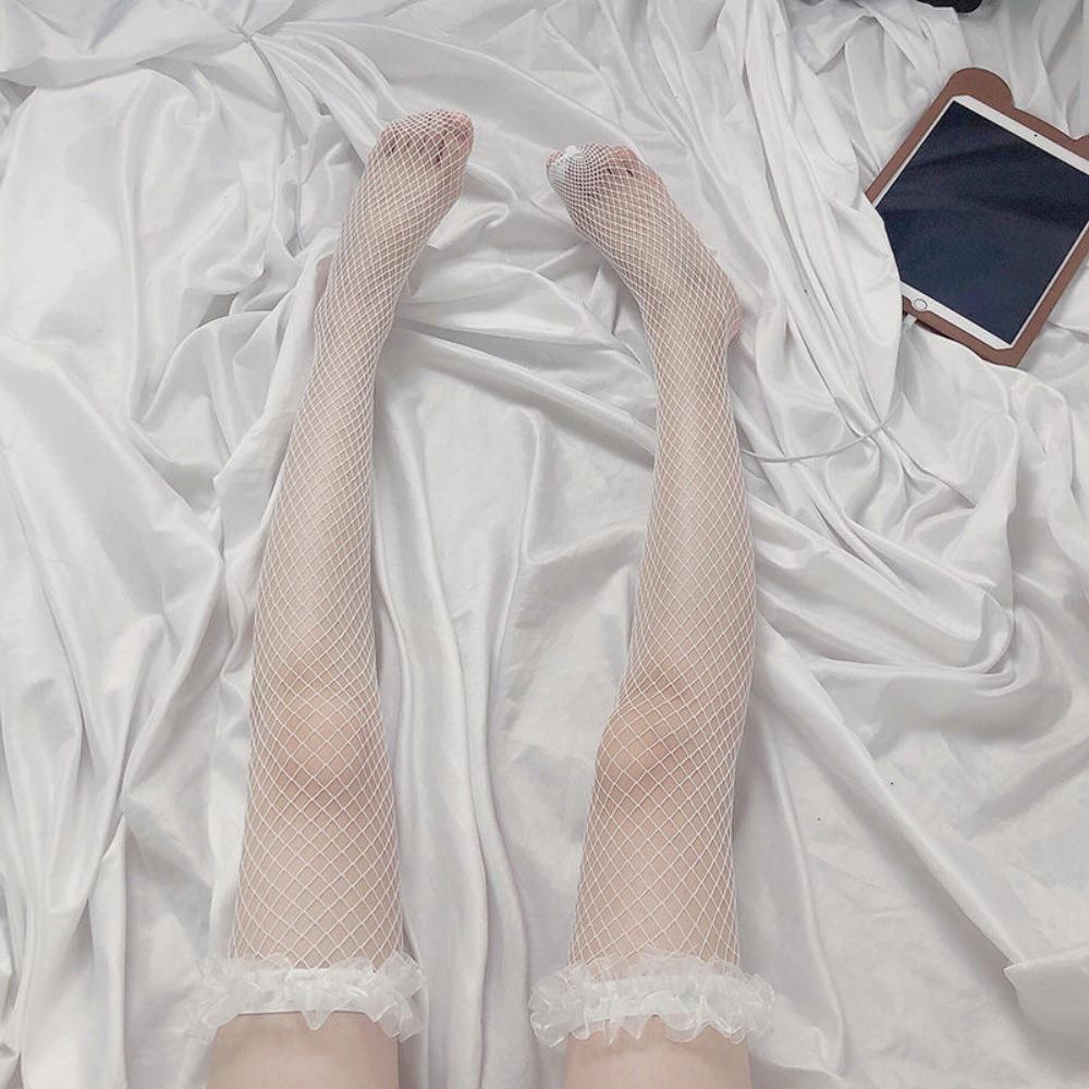 White Stockings Women's Lace Fishnet Stockings Lolita Long Tube Over Knee Summer Thin Jk Socks White