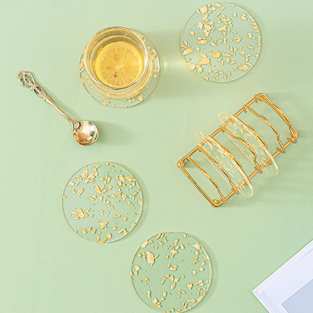 Round/Hexagonal Acrylic Coasters Clear Gold Foil Tableware Coffee Coasters