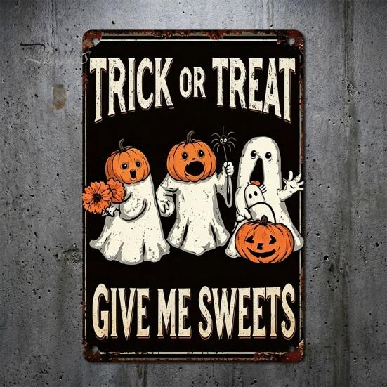 Distressed Metal Signage Retro Halloween Wall Sign, Pumpkin Ghost Bathroom American Style Decor Art Witch Cat Festival Sign for Bar Home Room