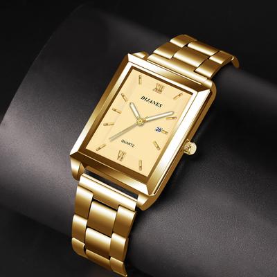 Orologio da uomo nuovo quadrato con cinturino in acciaio inossidabile dorato, orologio al quarzo da lavoro, orologio con data casual, orologio di lusso delle migliori marche