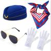 Neuer Flugbegleiterinnenhut, Sonnenbrille, Seidenschal, Handschuhe Brosche Stewardess Cosplay Kostüm Kostüm Party Requisiten Zubehör