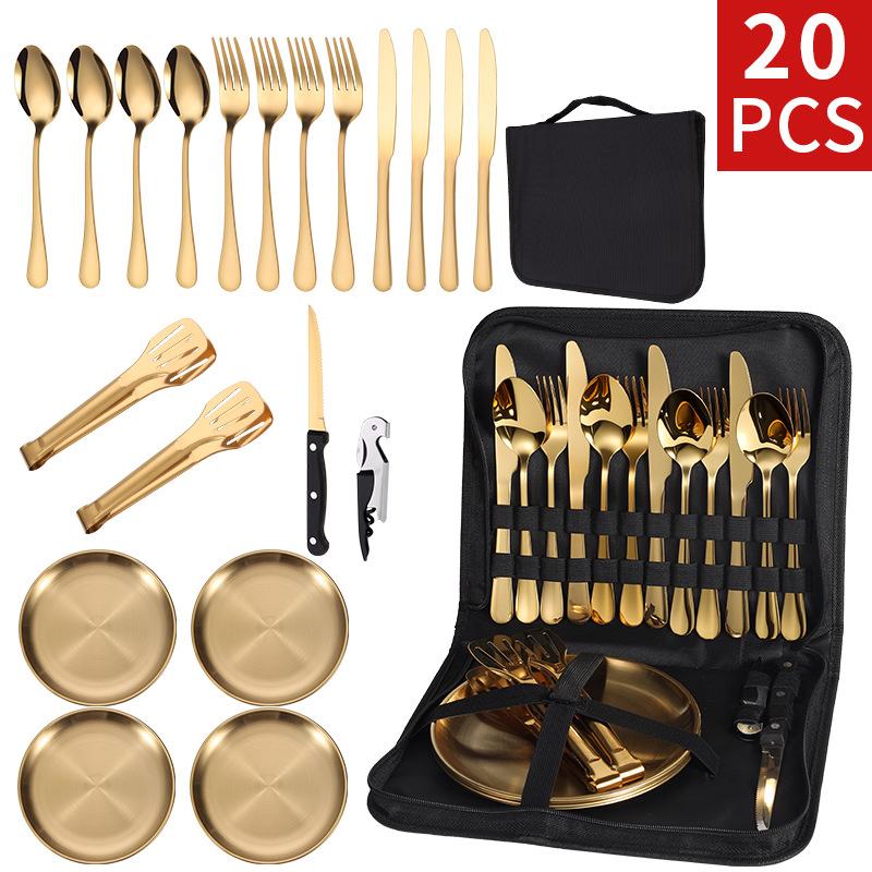 20Pcs Portable Stainless Steel Tableware Set Knife Fork Spoon Plate for Camping Picnic