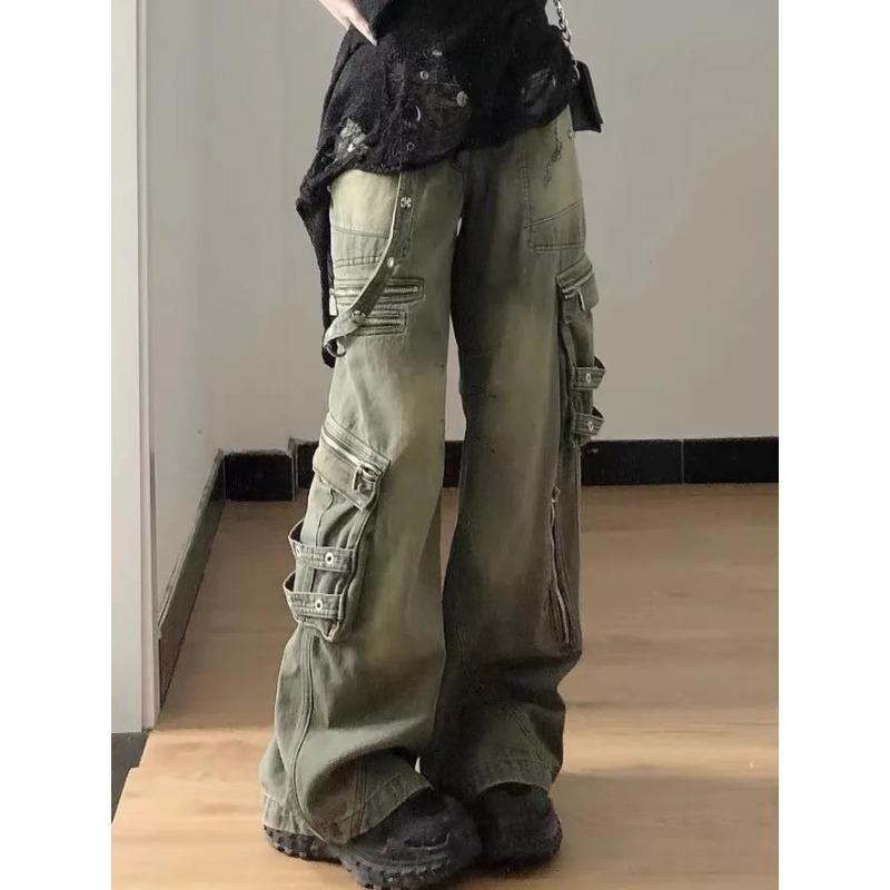 American New Vintage Wash Cargo Jeans Women High Street Design Straight Leg Loose Wide Leg Female Fashion Y2k Drop Long Pants