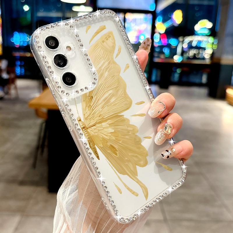 Butterfly Pattern Clear Phone Case For Samsung S25 Ultra S24 FE S23 S22 A56 A36 A16 A15 A55 A35 Diamond Frame Shockproof Soft Silicone Cover