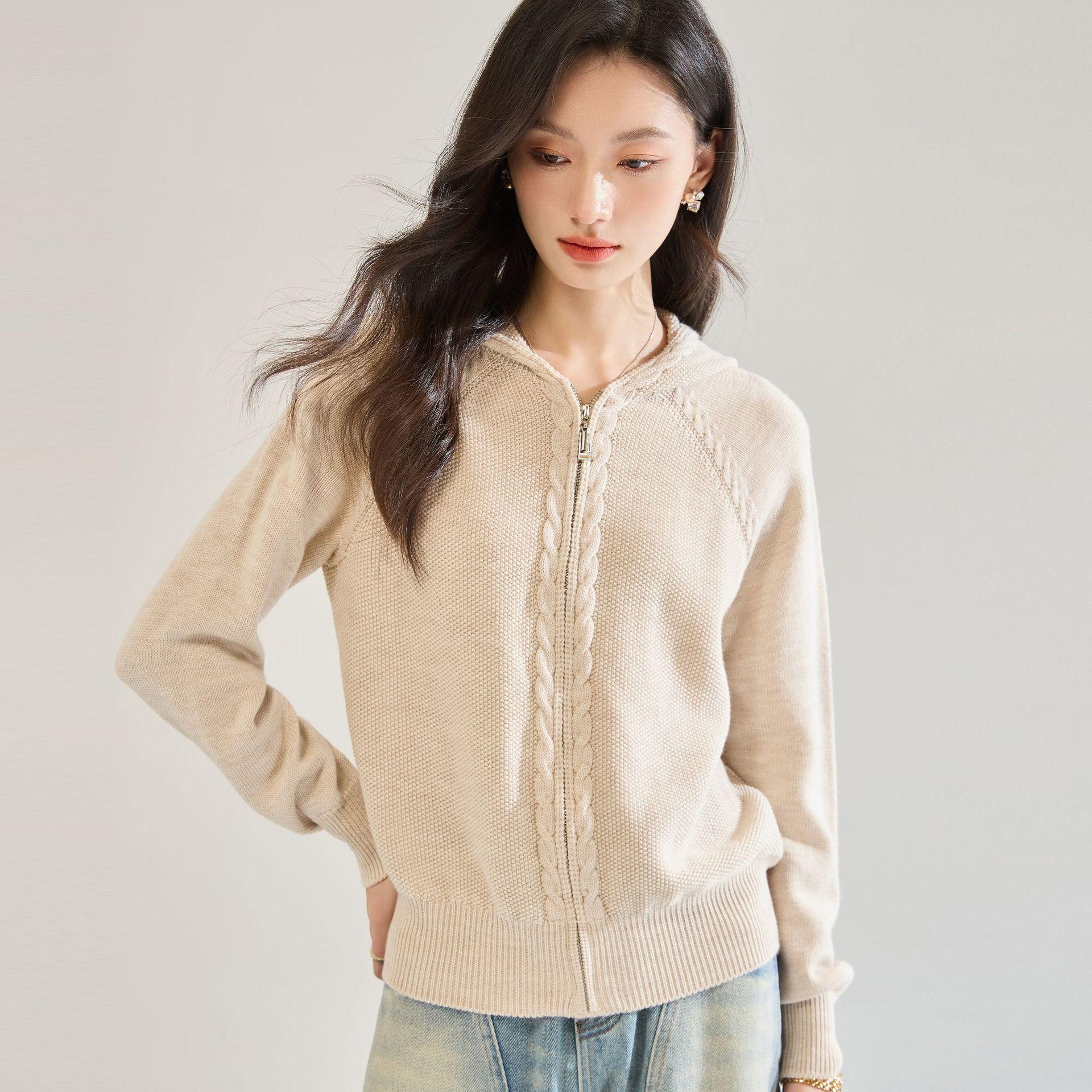 26 spring new twisted wool knitted sweater hooded loose cardigan sweater jacket women 22659 S