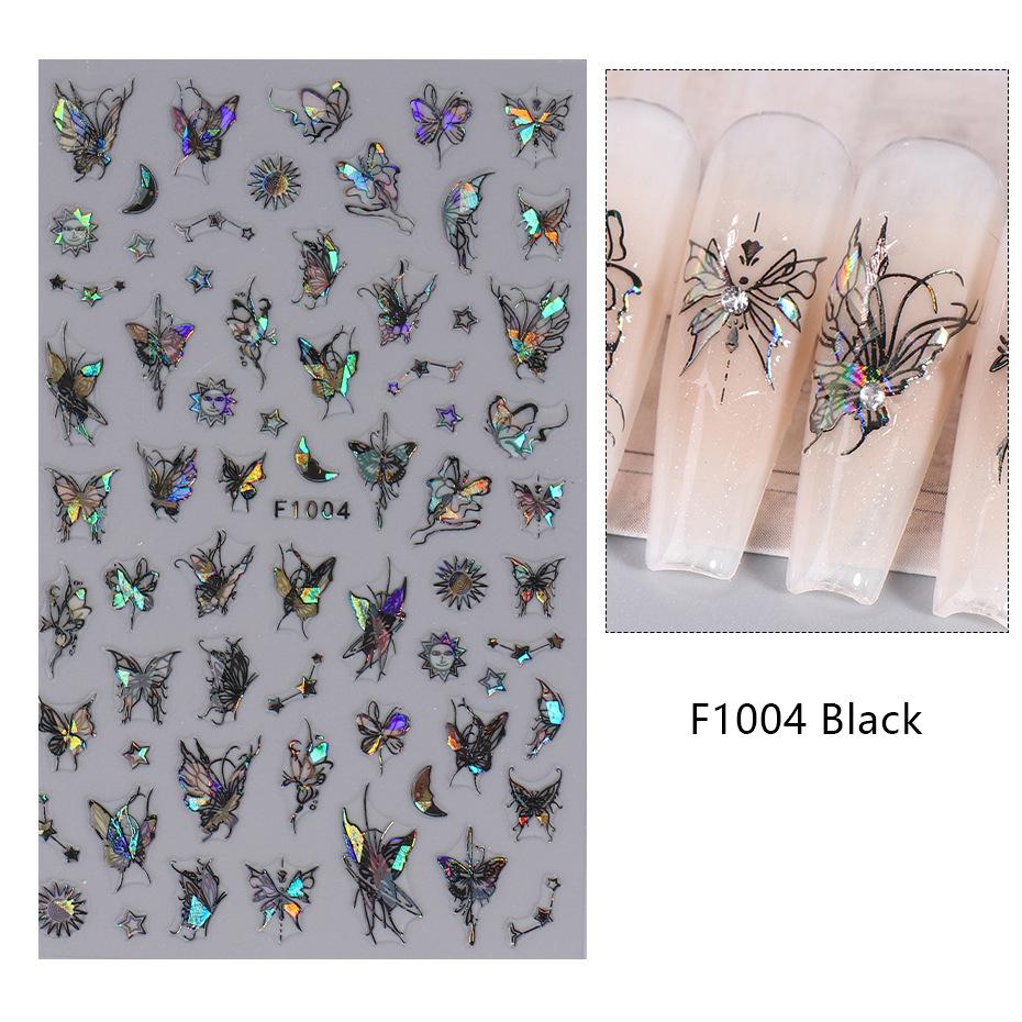 1PCS Black White Butterfly Laser Nail Stickers Nail Art Decoration Abstract Lines Bronzing Flowers Stickers For Nails