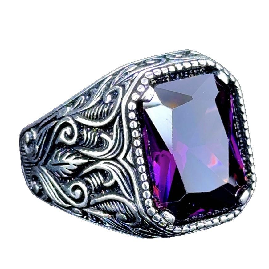 Men's Antique Silver Floral Ring with Purple Diamond Ornament
