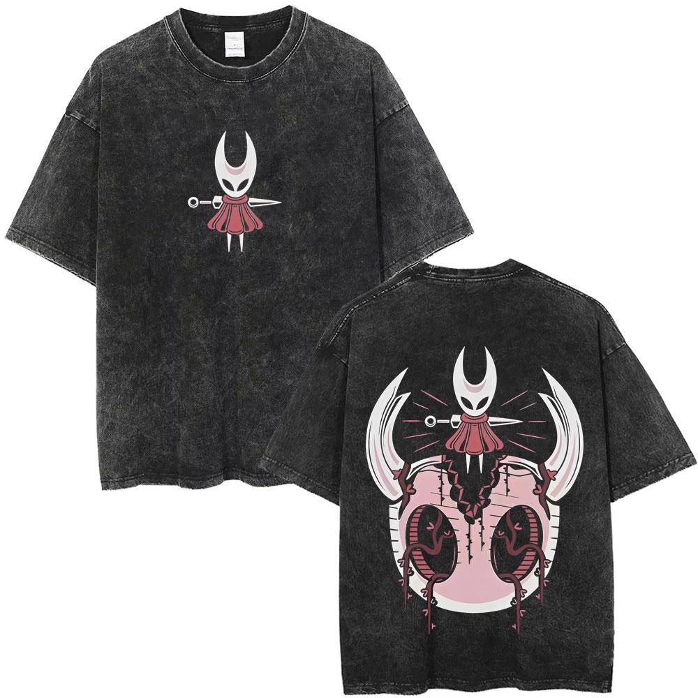 T-shirt Vintage Lavé Imprimé Graphique Hollow Knight Homme Femme Mode Décontracté Oversize Streetwear