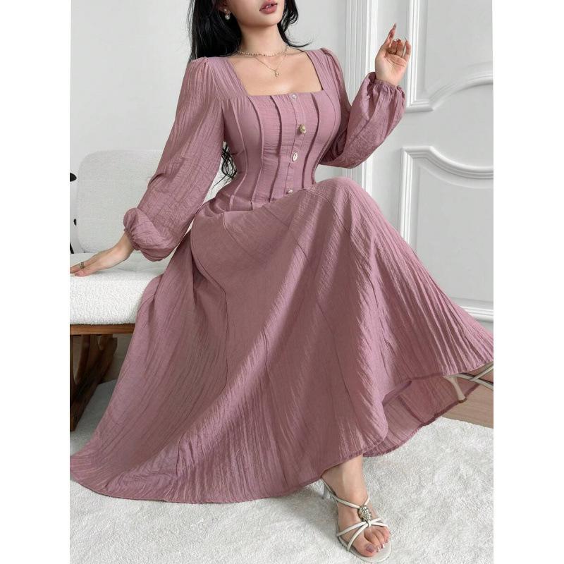 French exquisite elegance temperament gentle wind exquisite waist thin square neck long sleeve dress women S светло-розовый