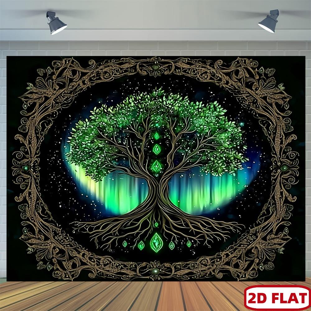 2D Flat - One Piece of a 2D Flat Banner Featuring a Boho Chic Green Leaf Mandala Tapestry, Showcasing a Mystical Tree of Life