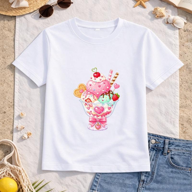 Girls Heart Sundae Ice Cream Print Crewneck Short Sleeve Tee, Soft Breathable Top for School Travel Daily