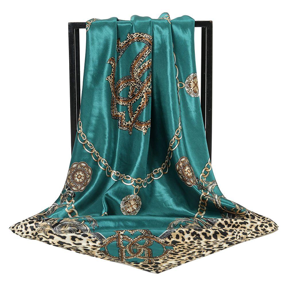 New Leopard Print Chain-embellished Satin Silk Scarf Headband, Versatile and Multi-purpose Faux Silk Scarf, Versatile Small Square Scarf