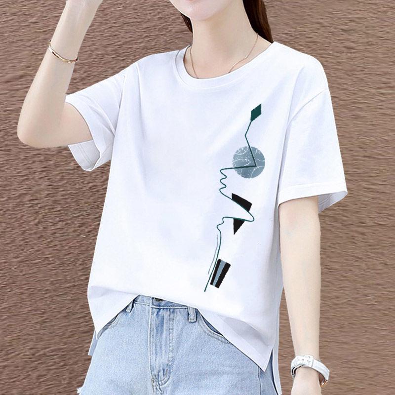 

Женская футболка большого размера из чистого хлопка с разрезом, круглый вырез, короткий рукав, свободный крой, летний топ 3XL