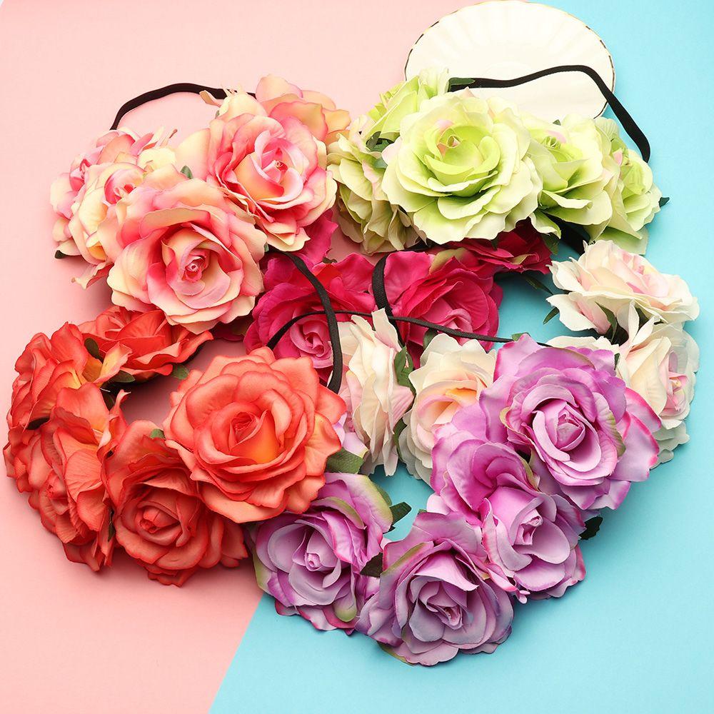 Bohemia Women Hair Accessories Wedding Hairband Bridal Headwear Rose Flower Garland Elastic Wreath Headband Fashion Headpiece