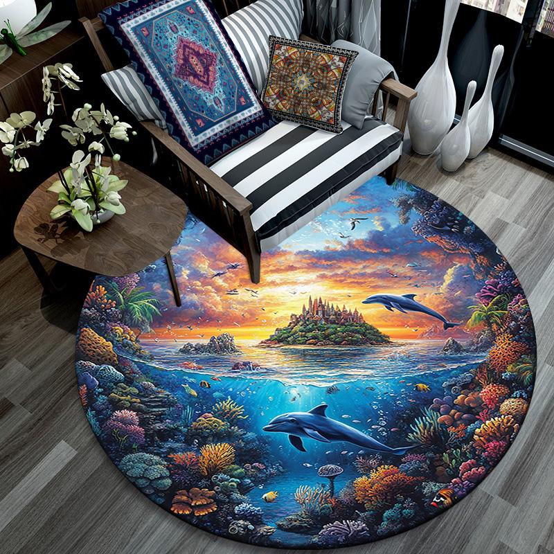 Dolphins Coral Round Area Rug,Carpet Rug for Living Room Bedroom Sofa Playroom Decor,Non-slip Floor Mat