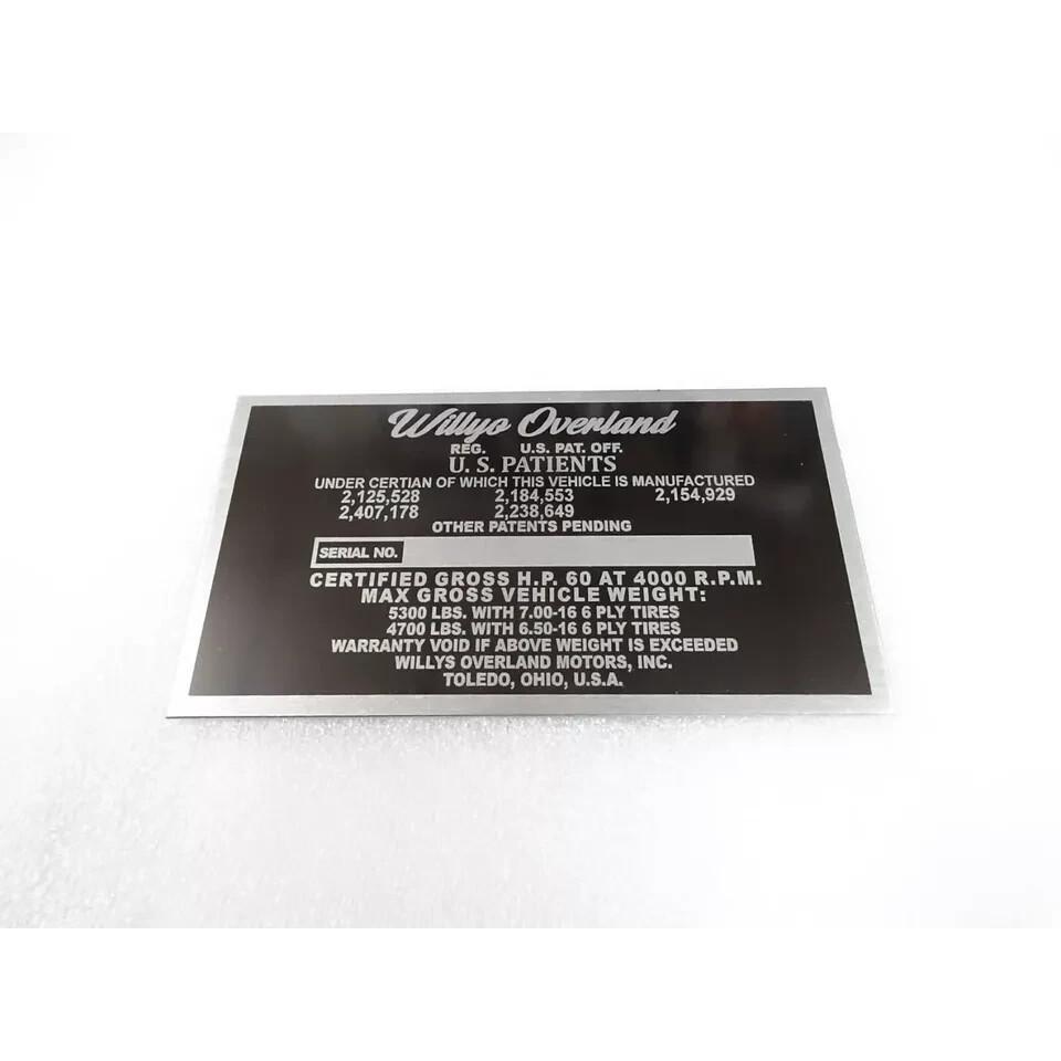 DATA PLATE FOR VINTAGE WILLYS OVERLAND TRUCK 1948-53 |Fit For