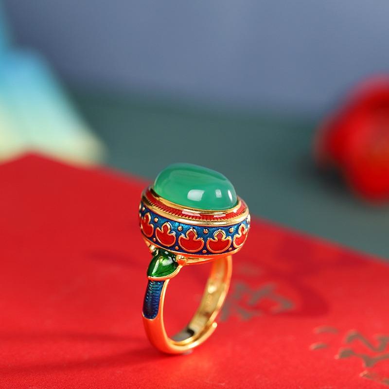 Exquisite Enamel Colored Ancient Gold Craft Natural Carnelian Ring New In Green Rings For Women Engagement Wedding Jewelry