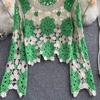 Lockerer Haken Blumen ausgehöhlter Langarmpullover Damen Sommer Dünnes T-Shirt mit Rundhalsausschnitt