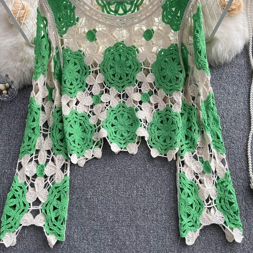 Lockerer Haken Blumen ausgehöhlter Langarmpullover Damen Sommer Dünnes T-Shirt mit Rundhalsausschnitt