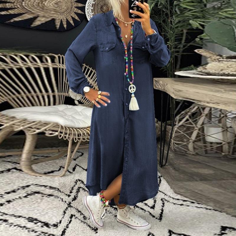 Fashion Casual Dress Women Autumn Elegant Button Long Sleeve Loose Turn-down Collar Solid Office Party Dresses Robe Femme