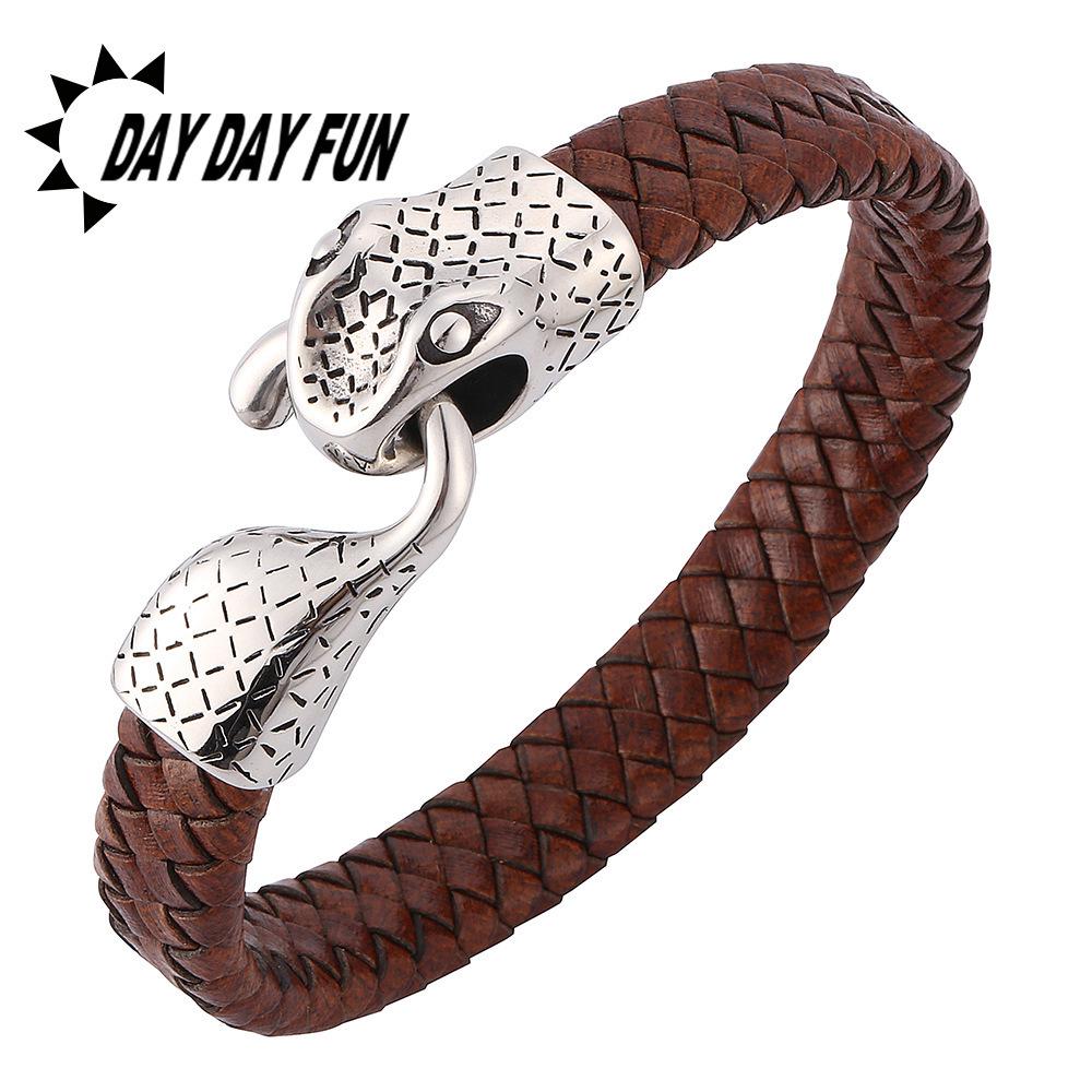 

Ретро браслет-настроение из нержавеющей стали и кожи с головой змеи: Трендовый трансграничный дизайн Customizable Size [Non-returnable]