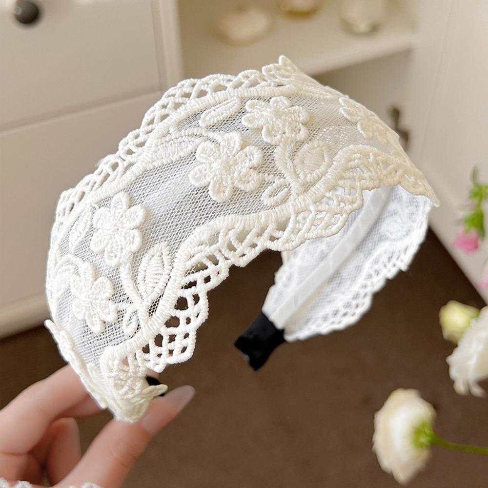 Wide Side French Lace Headband Sweet Hollowed-out Flower Hair Hoop  For Women Girls
