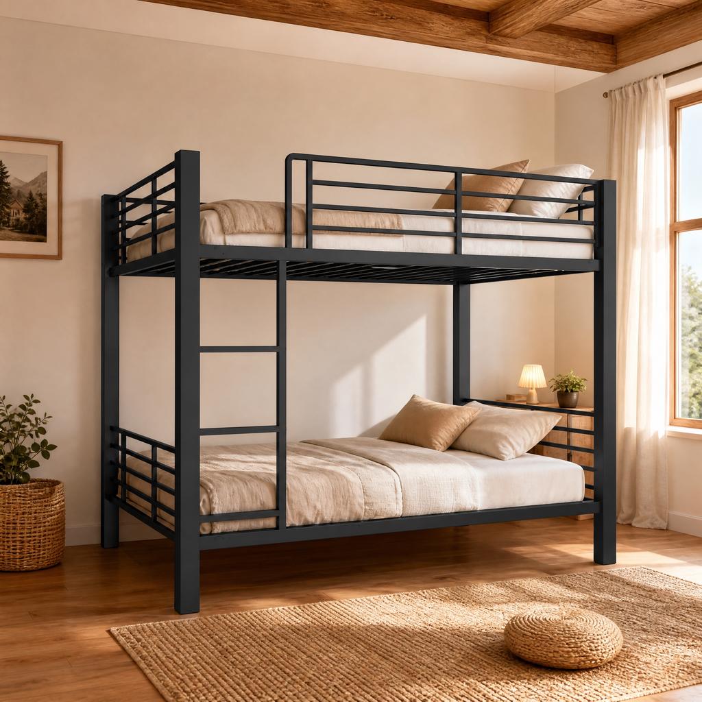 Litera maciza 140x200 metal, litera para adultos, extremadamente estable hasta 400 kg, sin chirridos, ideal para piso compartido y alquiler vacacional, negro