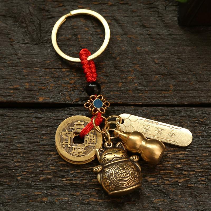Yiluo Cd Vintage Lucky Cat Car Keychain Five Emperors Money Calabash Feng Shui Coins Red String Key Ring