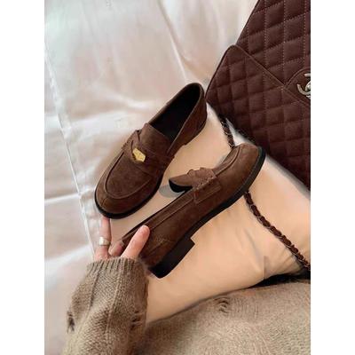 Sheepskin Version~ British Style Small Gold Coins Round Head Single Shoes Lazy One Pedal Small Leather Shoes Women's Retro Suede Loafers