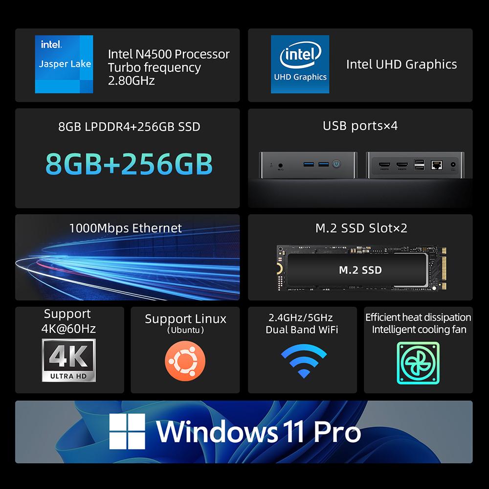BMAX B3 Pro Windows 11 PC Intel N4500 8GB RAM 256GB SSD HDMI USB Wi-Fi Supports 4K@60Hz Intel HD Graphics mini pc