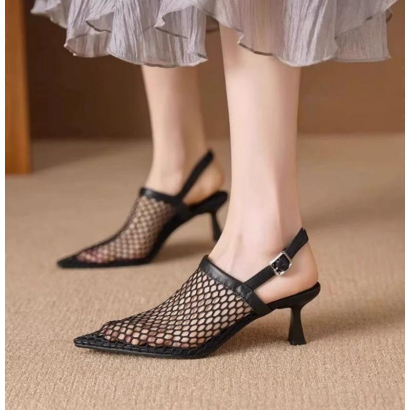 Fashion Hollow Breathable Mesh Pointed Toe Stiletto High Heels Women Pumps 2025 New Summer Slingback Sandals Dress Woman Shoes