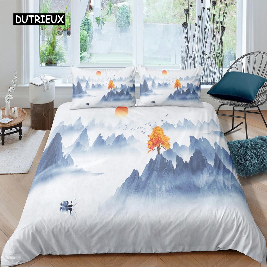 Natural Landscape King Queen Duvet Cover Comic Ink Painting Style Bedding Set Adults Tree Mountain River Polyester Quilt Cover