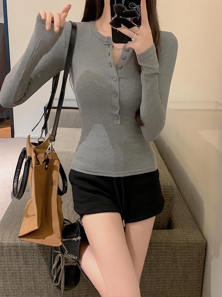 T-shirt à manches longues boutonné style américain pour femme Automne 2025 Amincissant avec col semi-ouvert